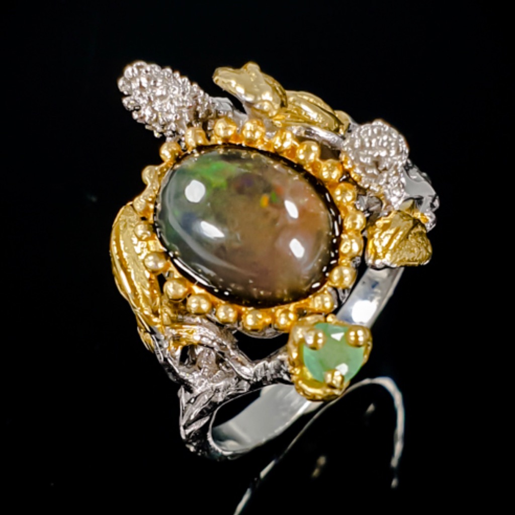 Rare Black Ethiopian Opal Emerald Ring 240$